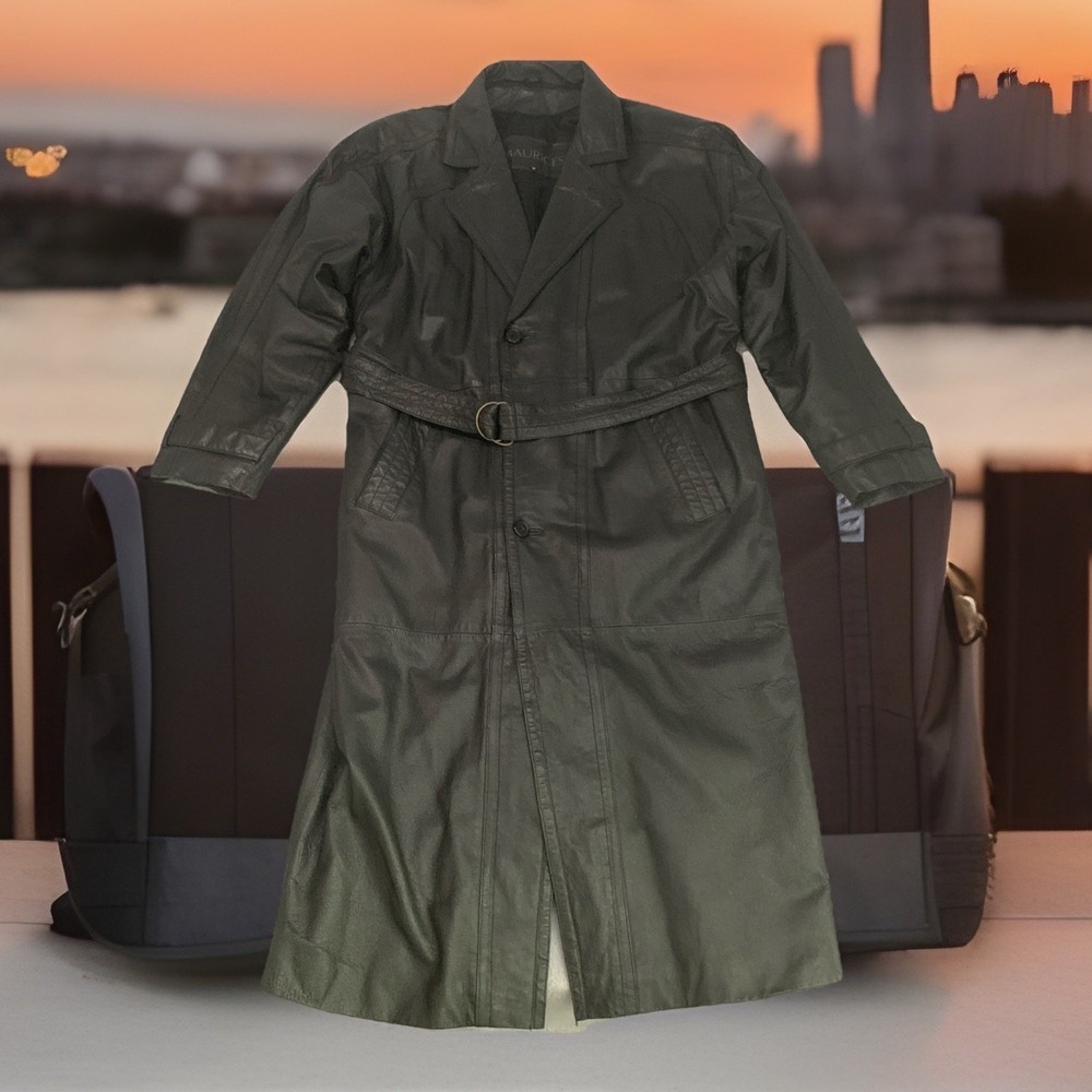 VINTAGE Maurices Leather Long‎ Trench Coat Genuine 90s Mob Wife Goth Women's M